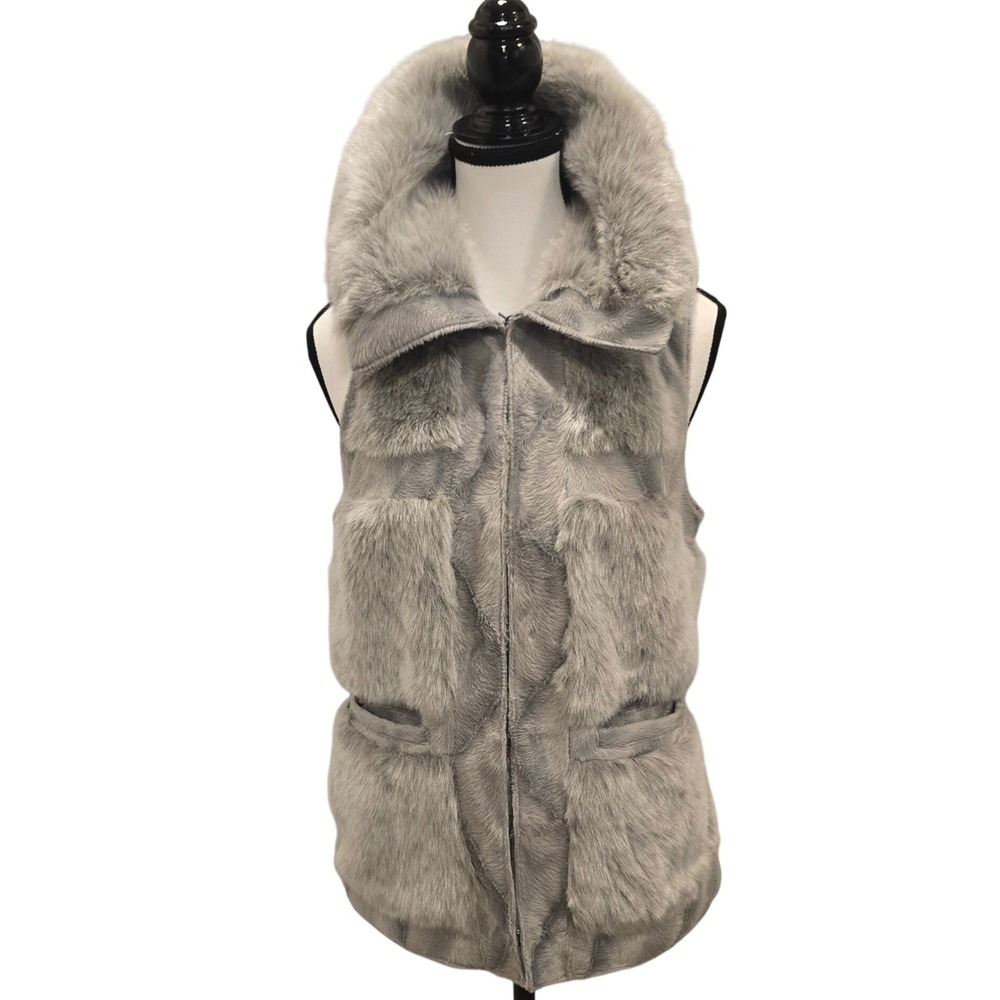 RLZ Rachel Zoe Gray Faux Fur‎ Vest Jacket Women's XS Frog Closure Pockets Glam